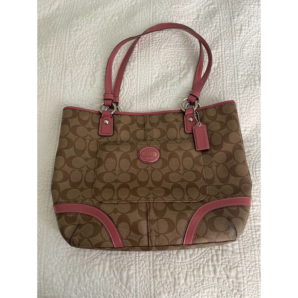 Authentic Coach Signature Canvas Pink Leather Shoulder Tote Bag